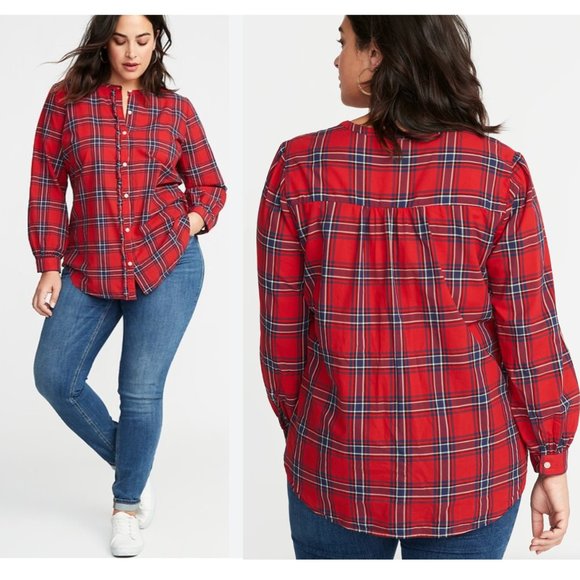 Old Navy Red Blue Plaid Tartan Ruffle Button Trim Long Sleeve Shirt zXL - Picture 1 of 15